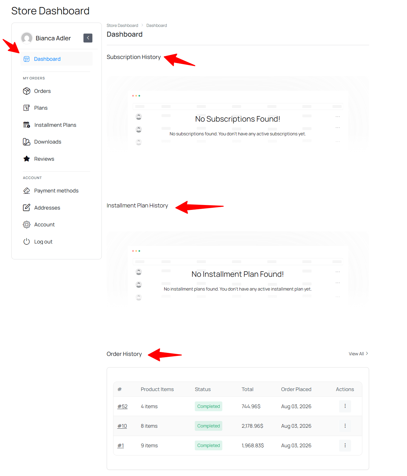 Dashboard Sections & Features