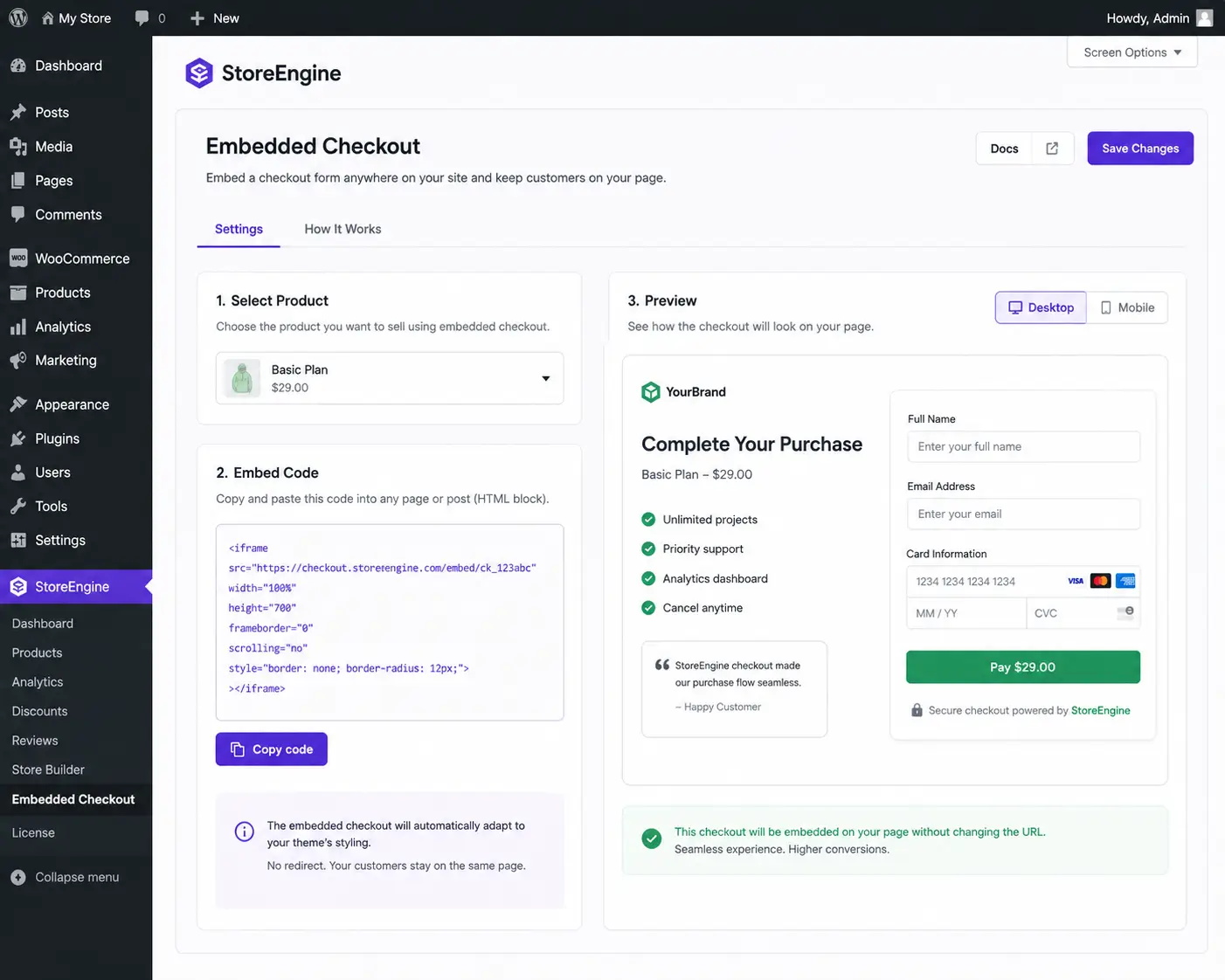 StoreEngine Embedded Checkout Settings