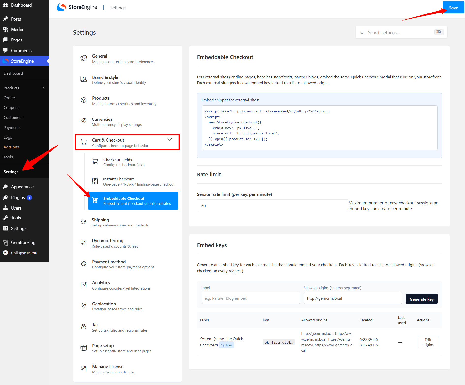 StoreEngine Embeddable Checkout Settings 