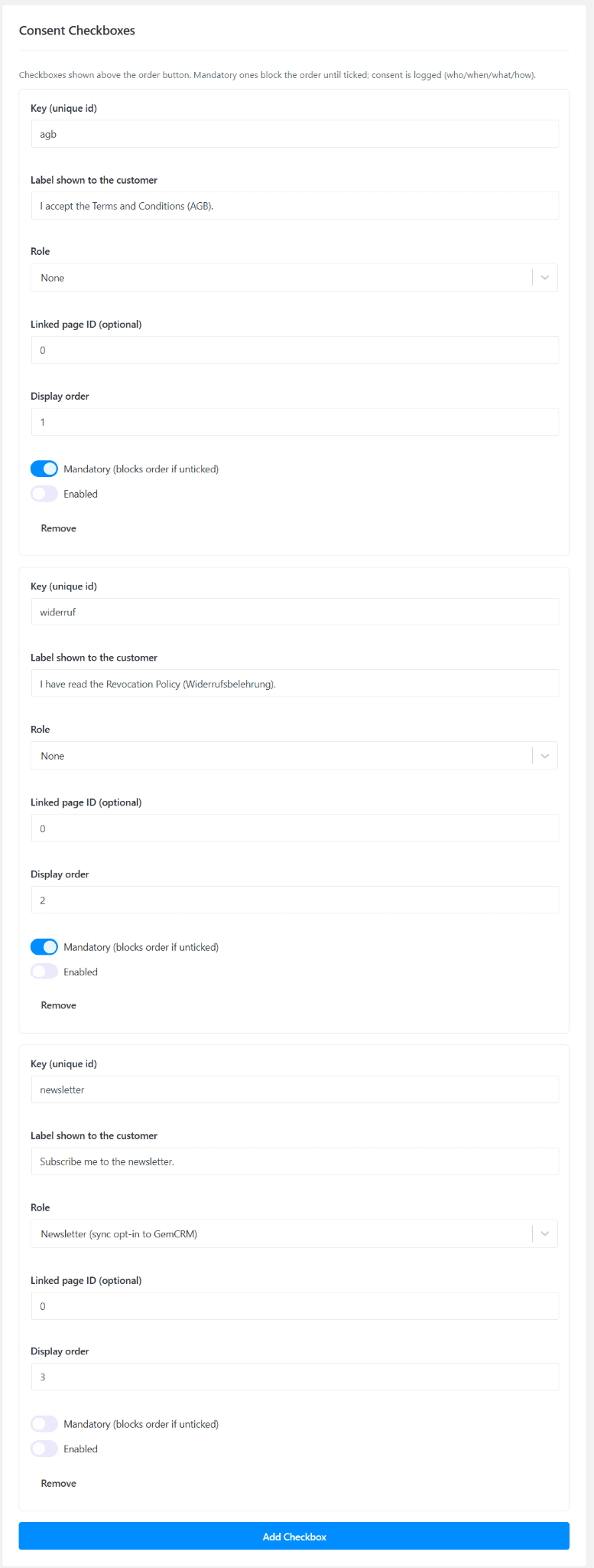 Consent Checkboxe Settings