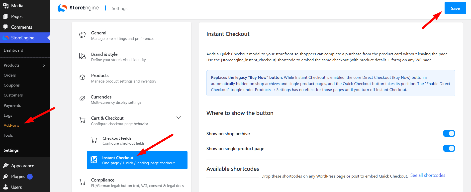 Instant Checkout Settings