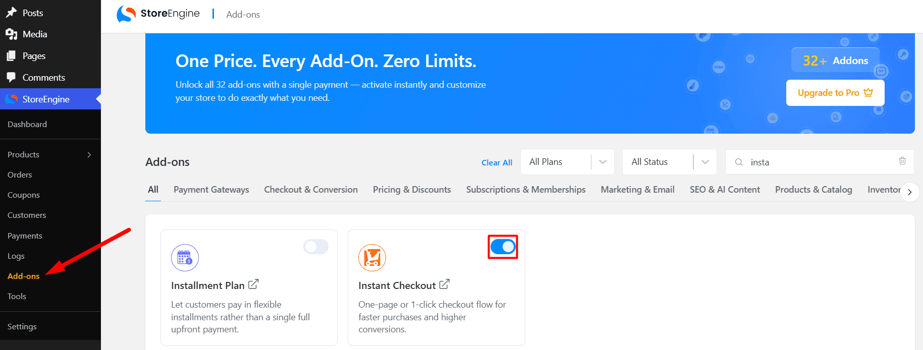 Turn on instant checkout Add-ons