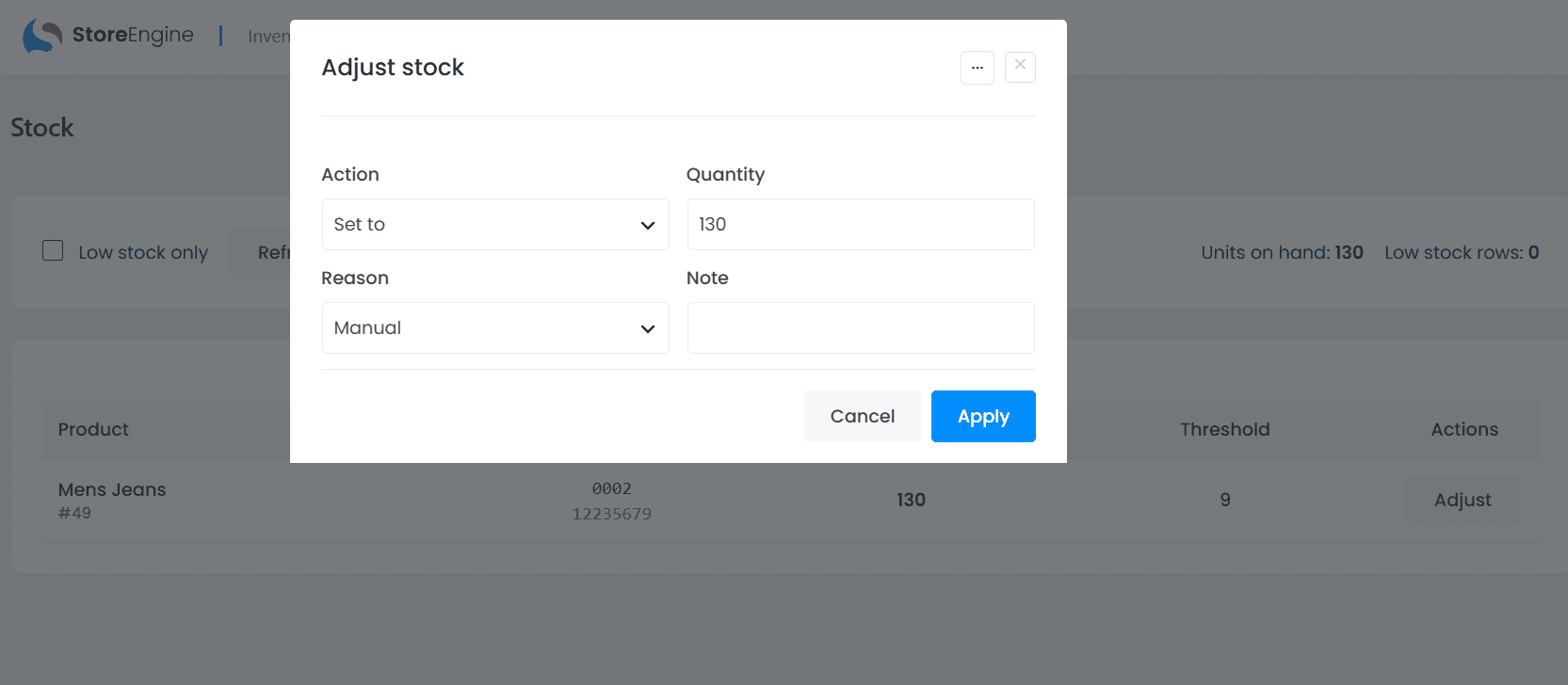Adjust stock popup