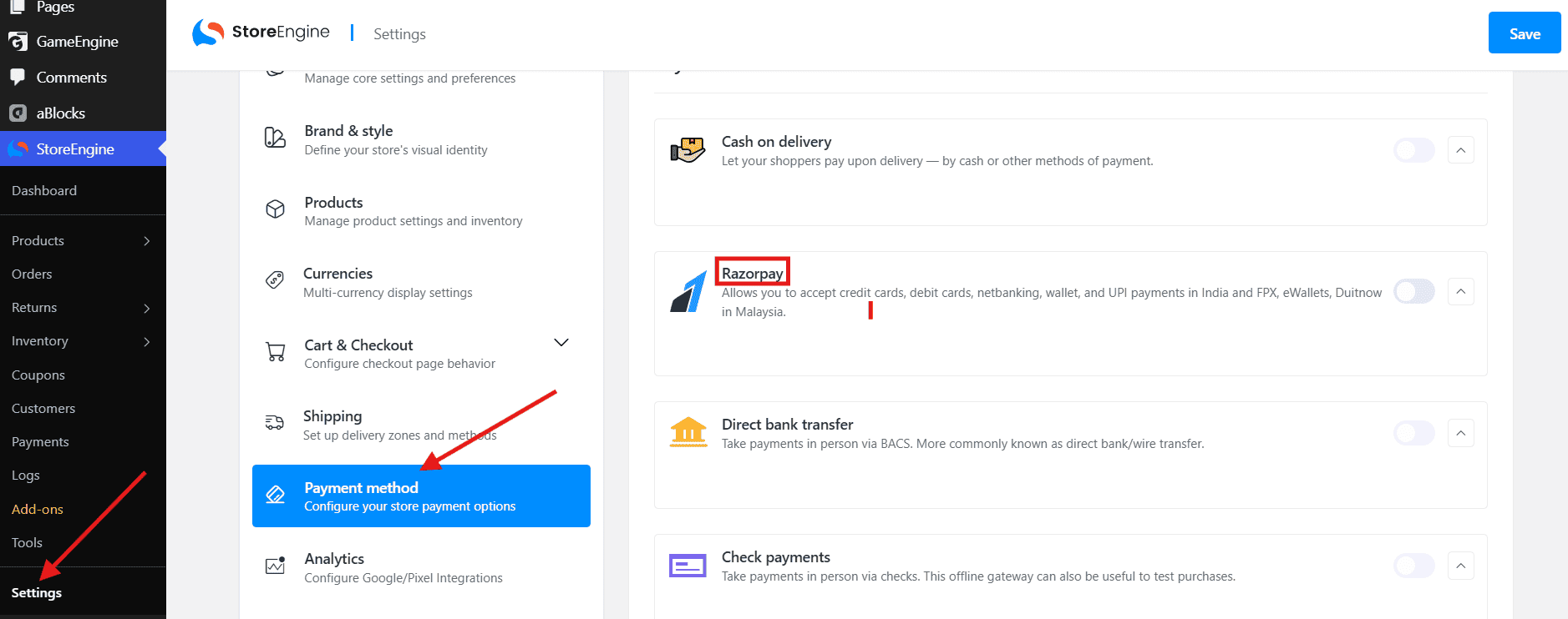 Go to StoreEngine → Settings → Payment Method Go to StoreEngine → Settings → Payment Method