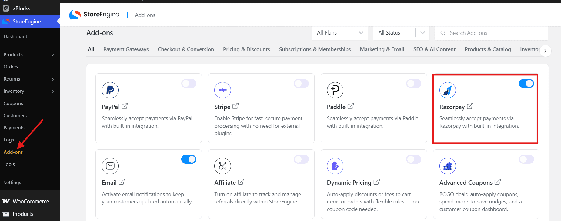 Enable Razorpay Addon Enable Razorpay Addon