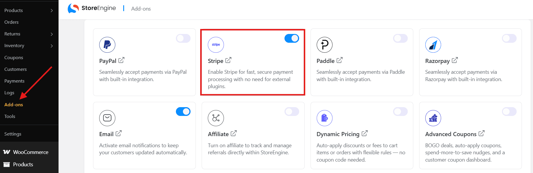 Enable Stripe from Add-ons Enable Stripe from Add-ons