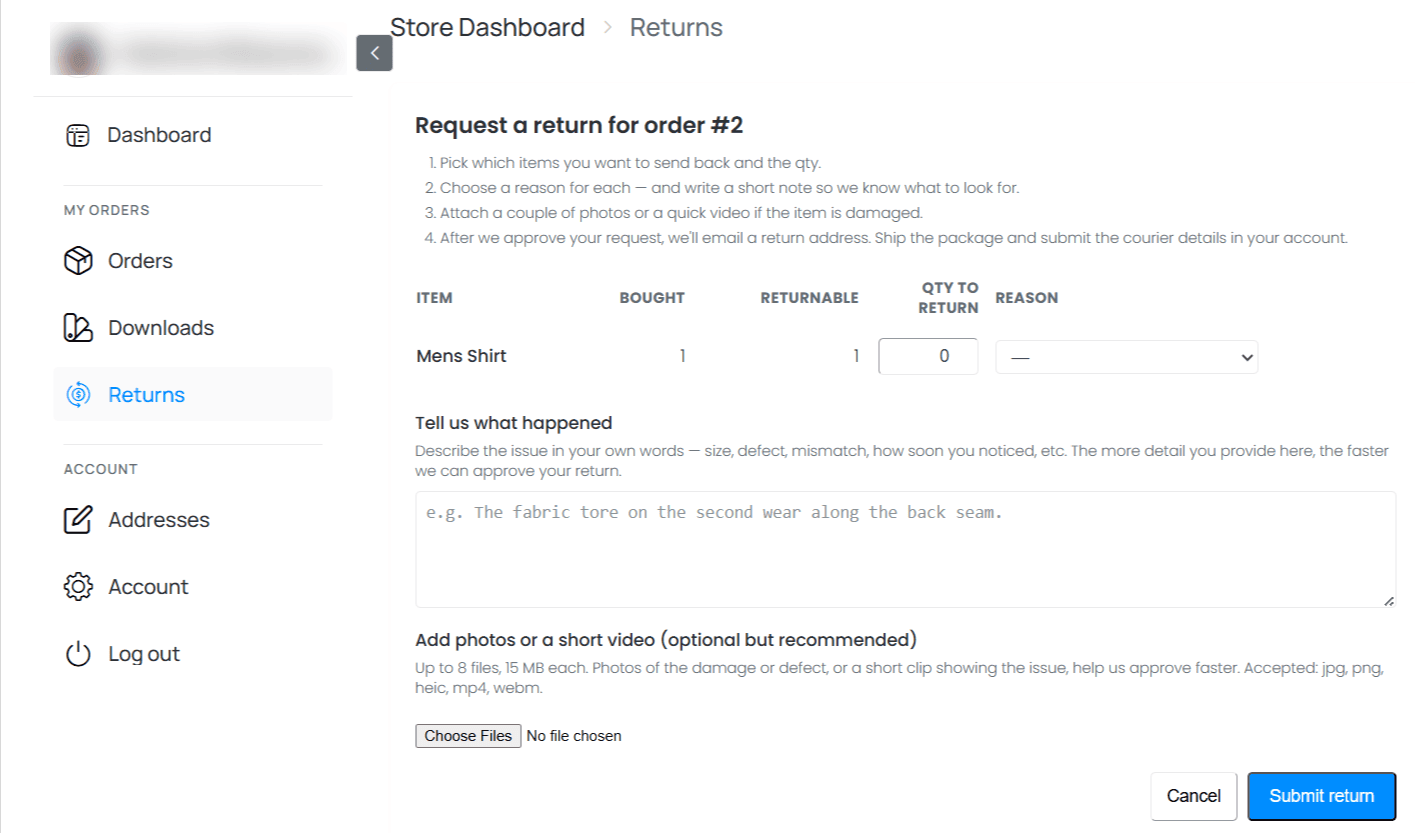 Store Dashboard Returns Store Dashboard Returns