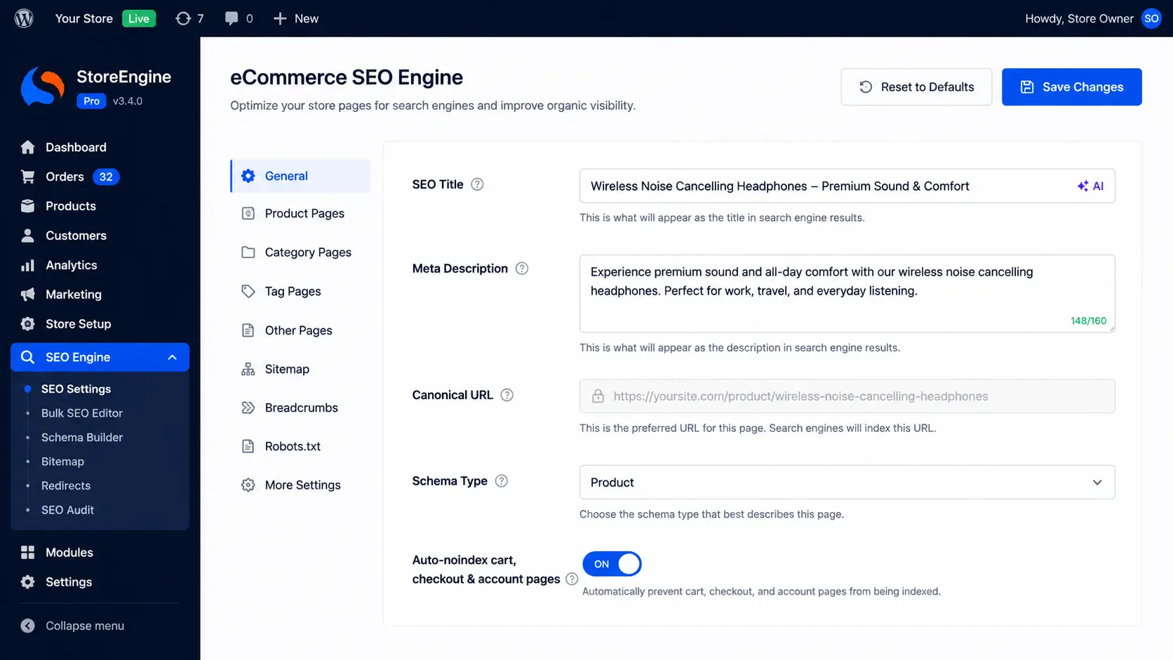 SEO engine settings panel SEO engine settings panel
