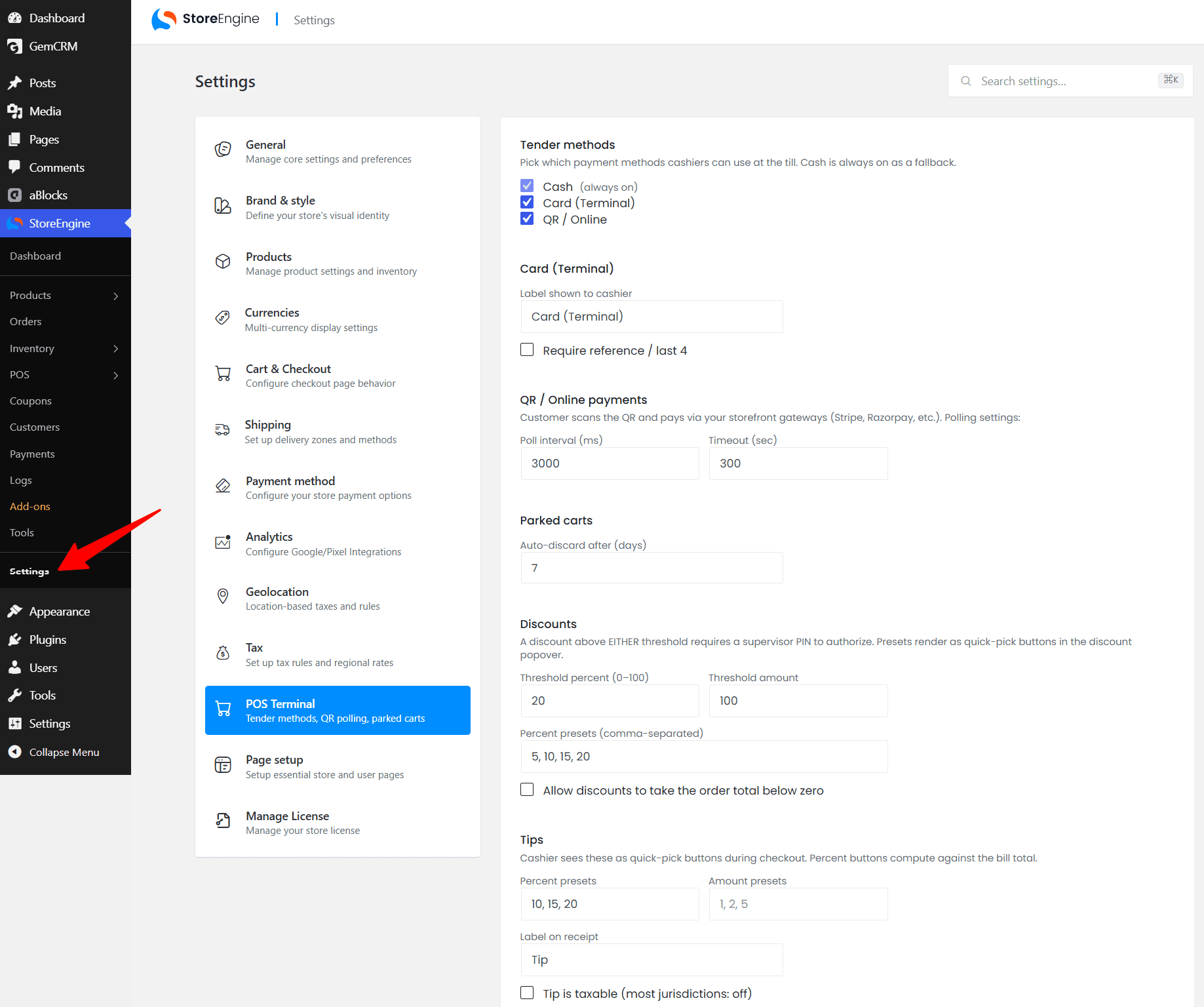 POS Terminal settings