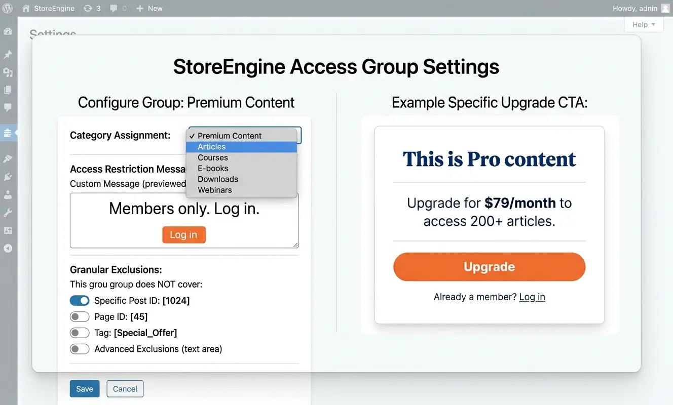 StoreEngine Access Group settings panel StoreEngine Access Group settings panel
