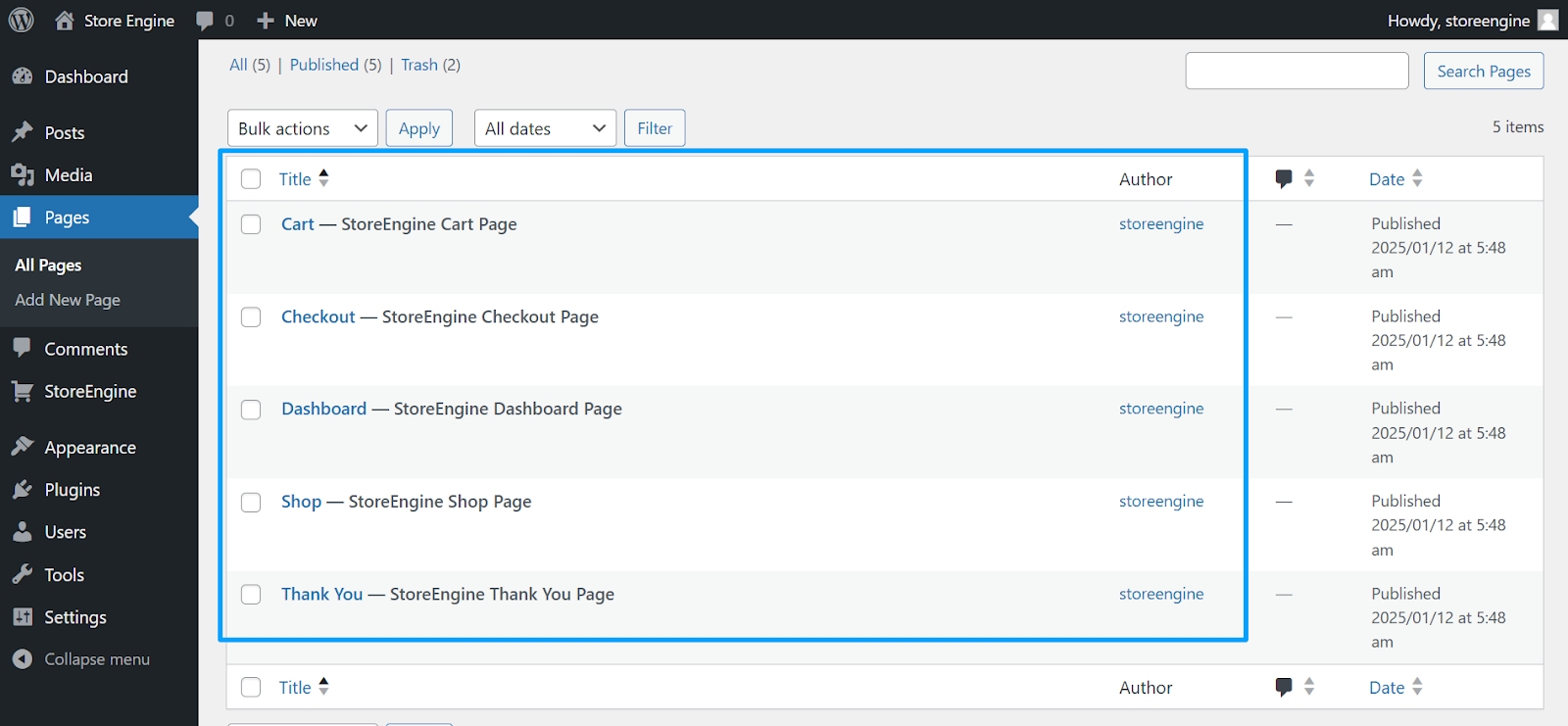 StoreEngine plugin requires a few essential pages