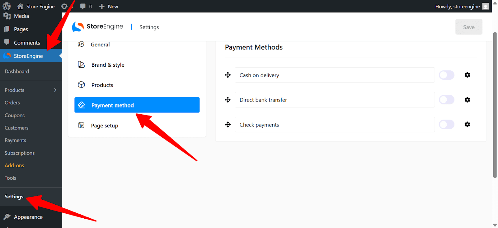 Access Payment Settings to set up payment methods in StoreEngine.