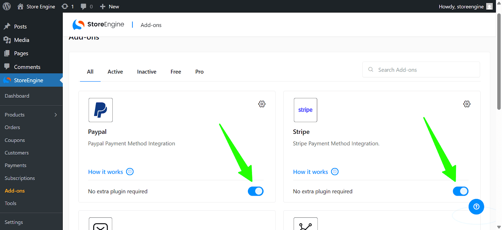 Enable PayPal and Stripe from StoreEngine Add-Ons.
