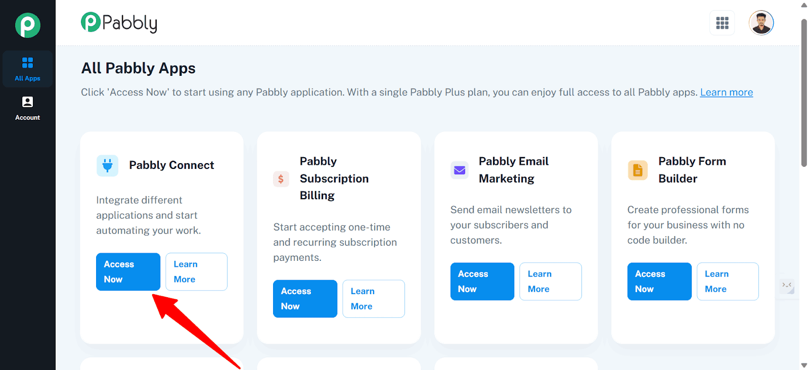 Access Now button under Pabbly Connect