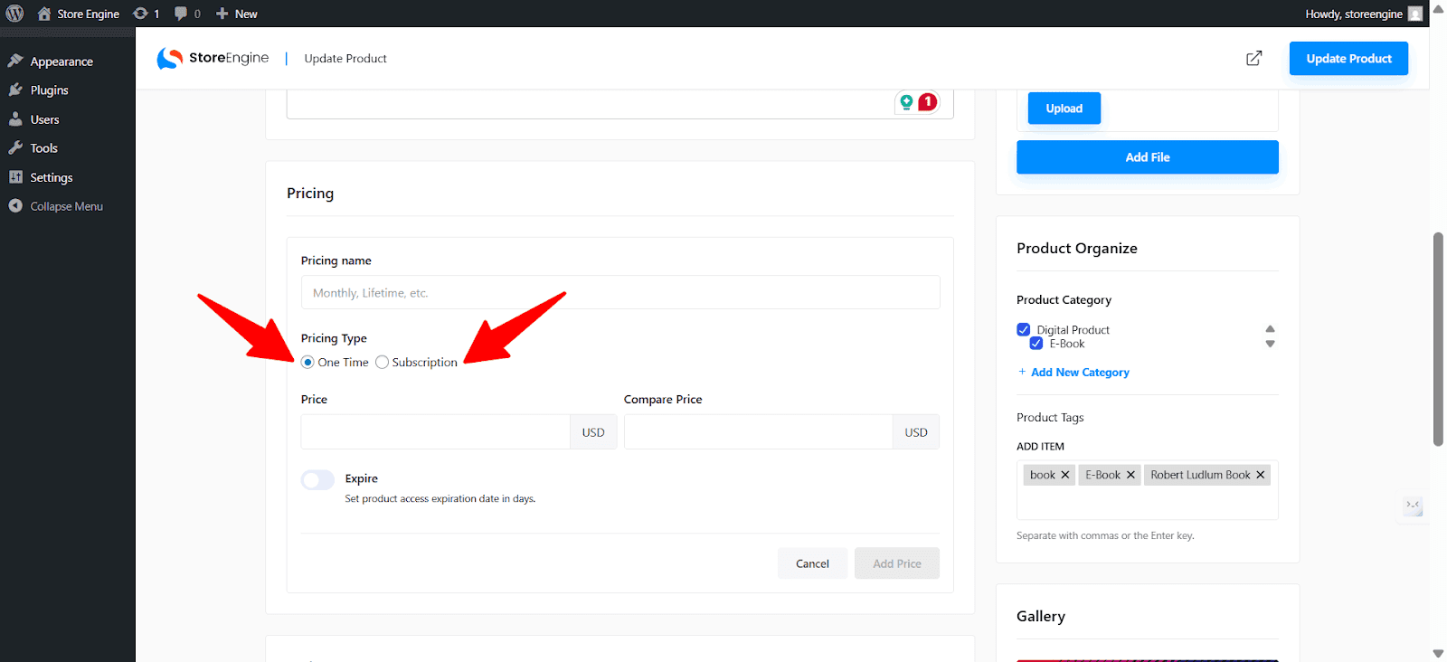 Pricing type selection in StoreEngine product editor.