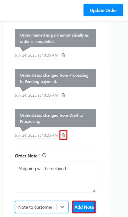 Managing Order Notes