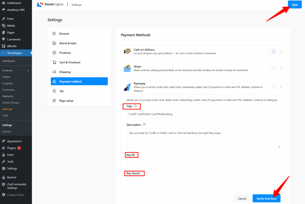 Configure Razorpay Settings