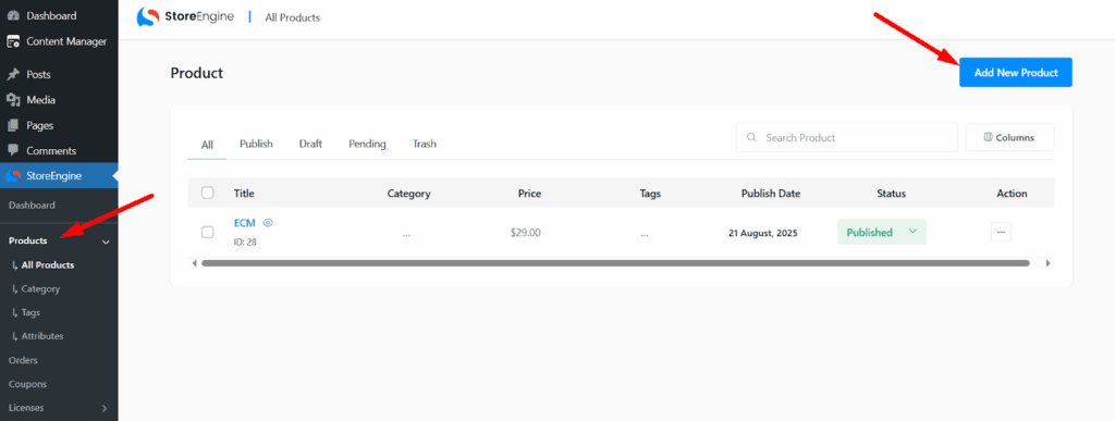 Select a Product for License Management