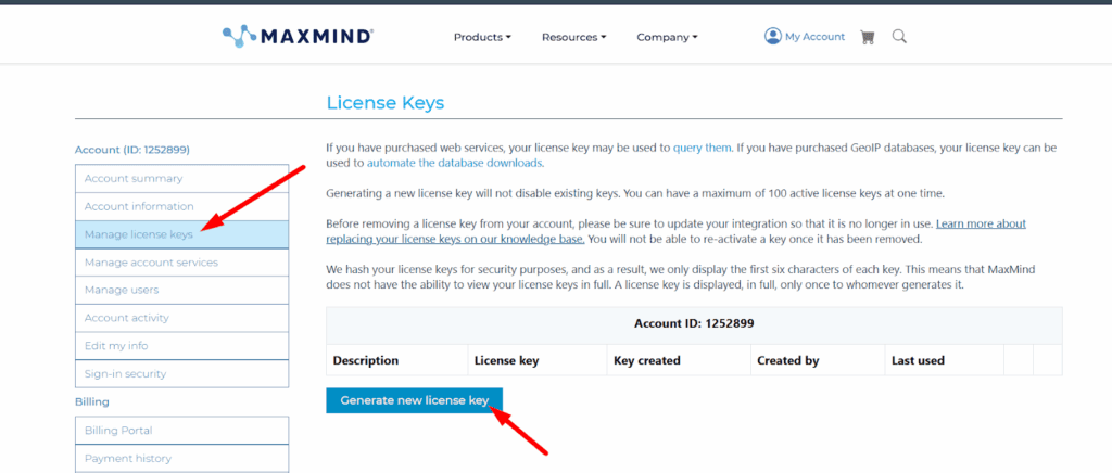 Create a MaxMind License Key
