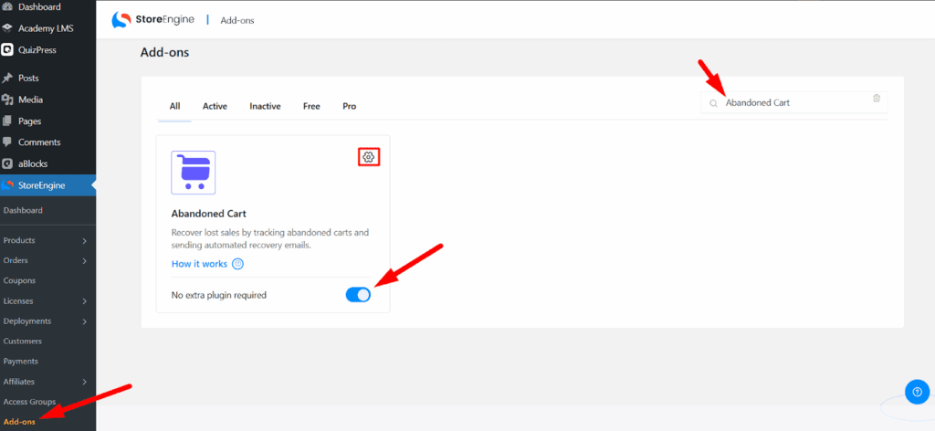 StoreEngine prerequisites for enabling the Abandoned Cart feature.