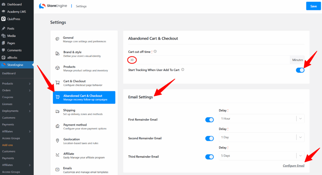 Accessing the Abandoned Cart Settings