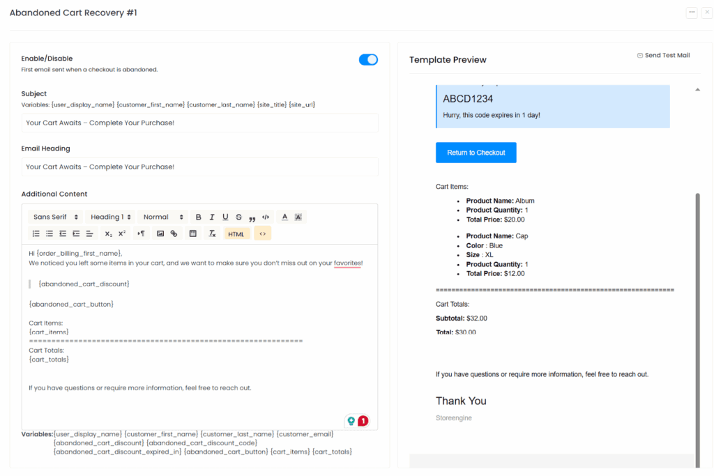 Configure Abandoned Cart Recovery Email Template