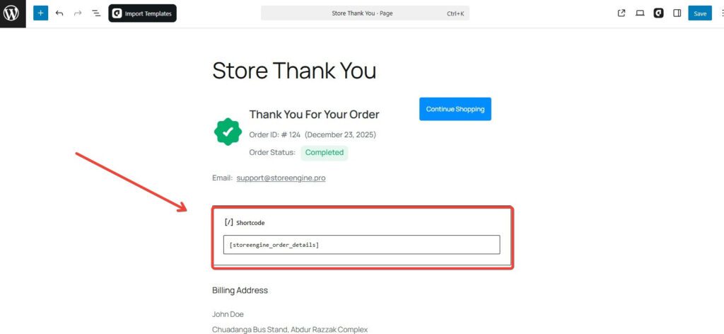 Shortcode StoreEngine Order Details