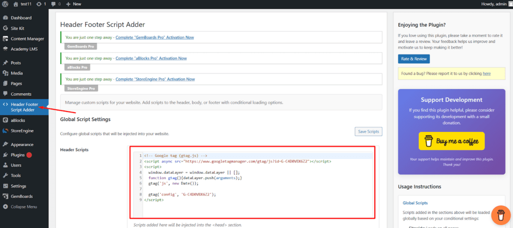 Header Footer Script Adder