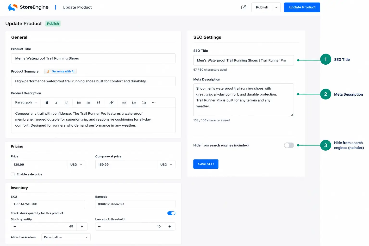 StoreEngine product editor showing SEO settings StoreEngine product editor showing SEO settings
