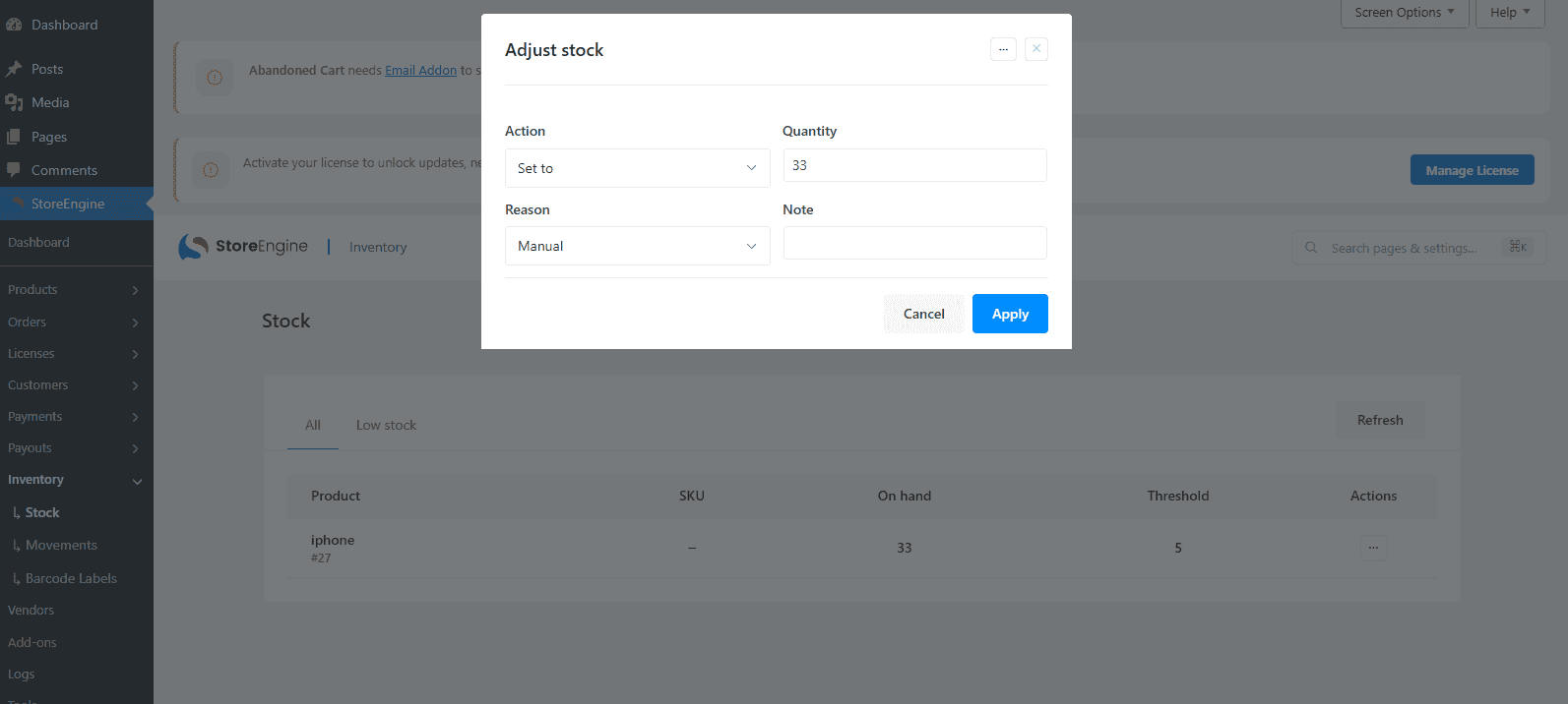Adjust stock Adjust stock