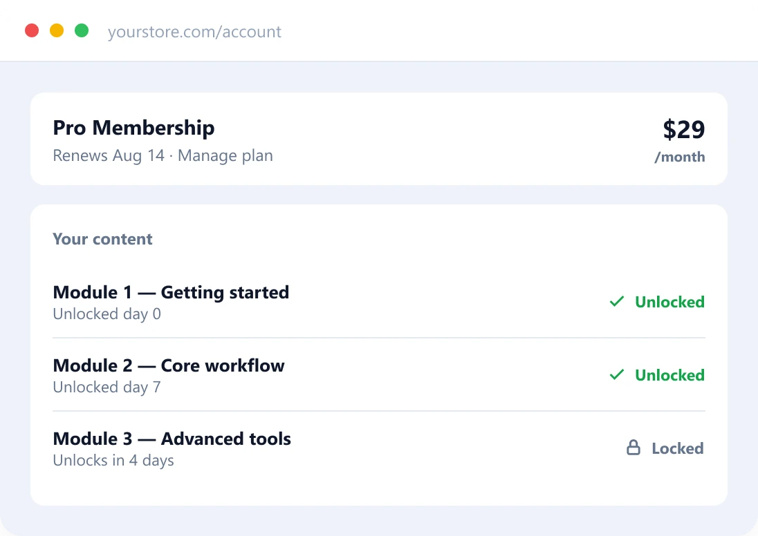 Drip access & member dashboard