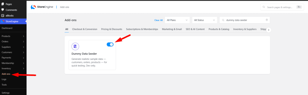  Add-ons and turn on Dummy Data Seeder