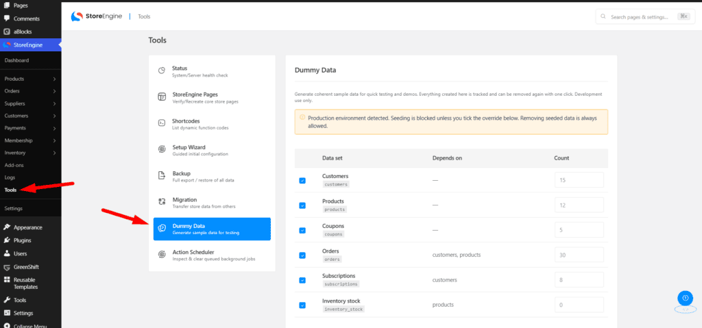 StoreEngine → Tools → Dummy Data