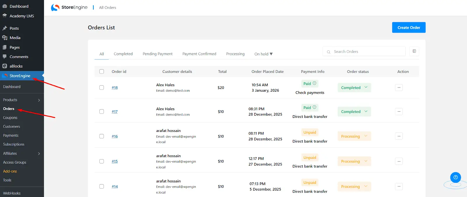StoreEngine Orders list
