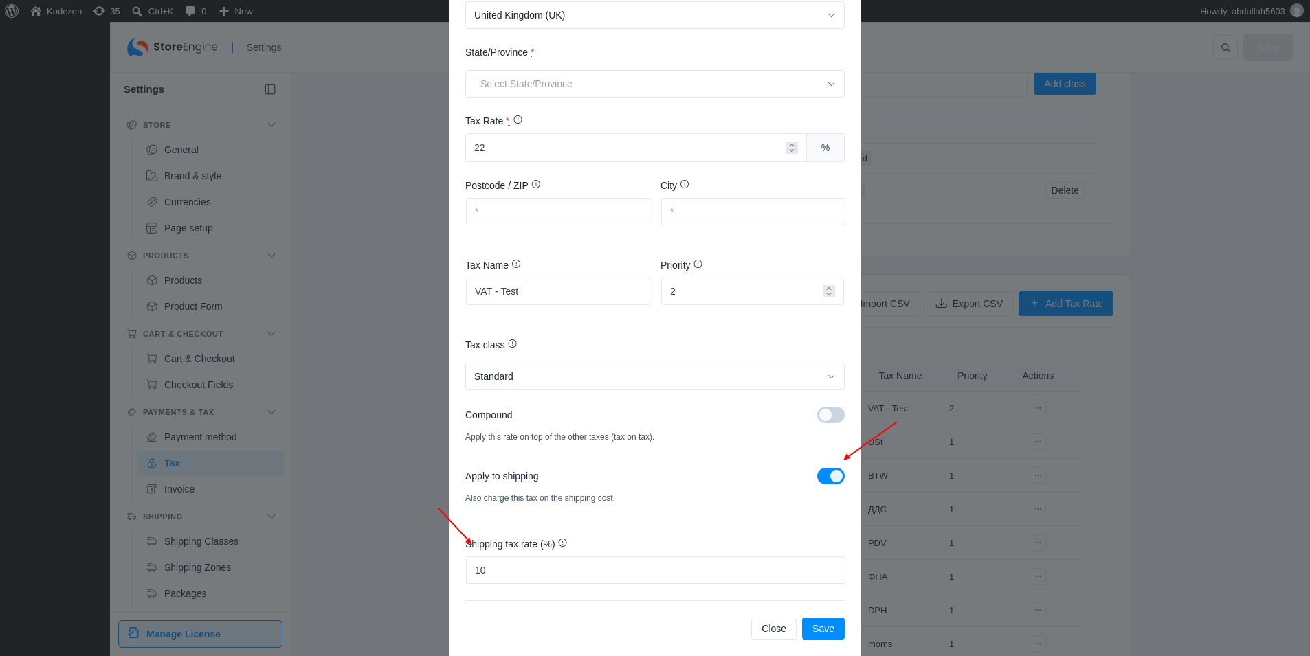 Apply to shipping and Shipping tax rate fields highlighted