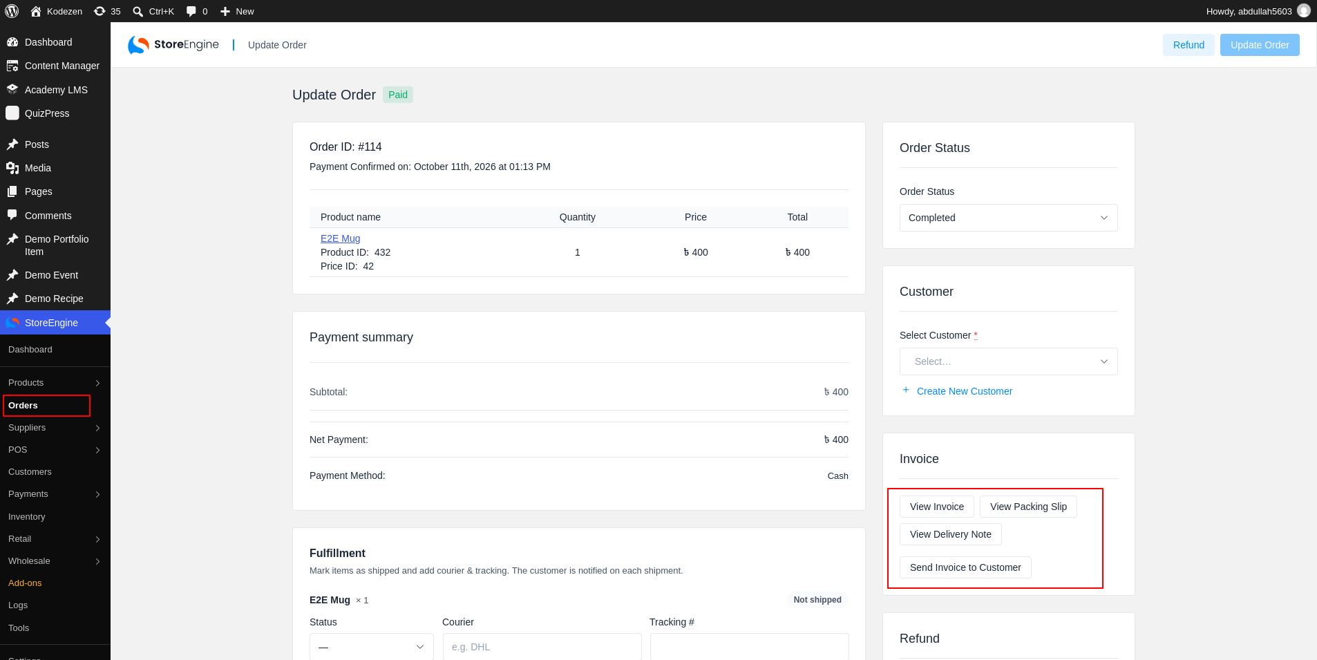 Order editor Invoice box