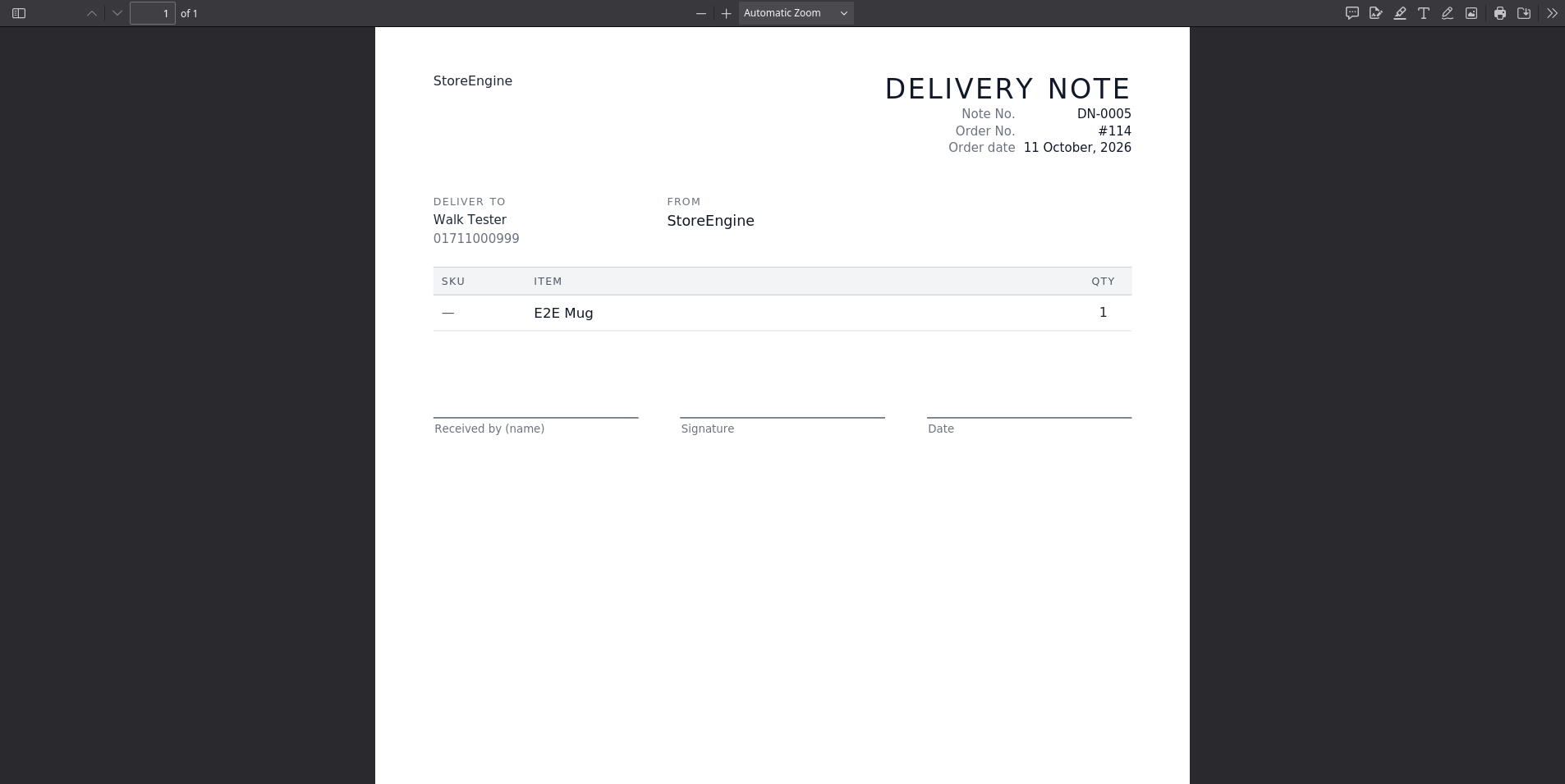 Sample delivery note for order