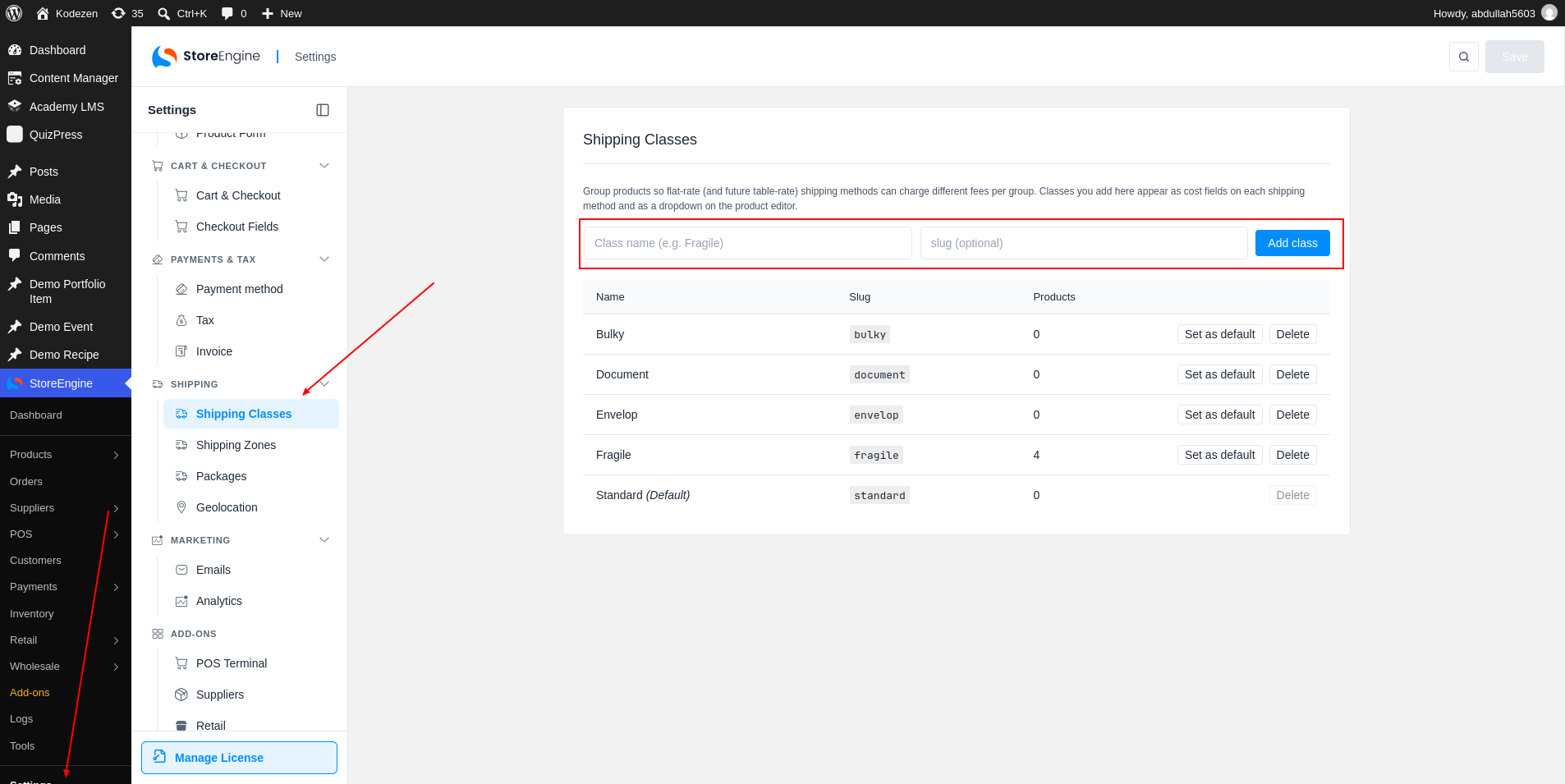 Shipping Classes form