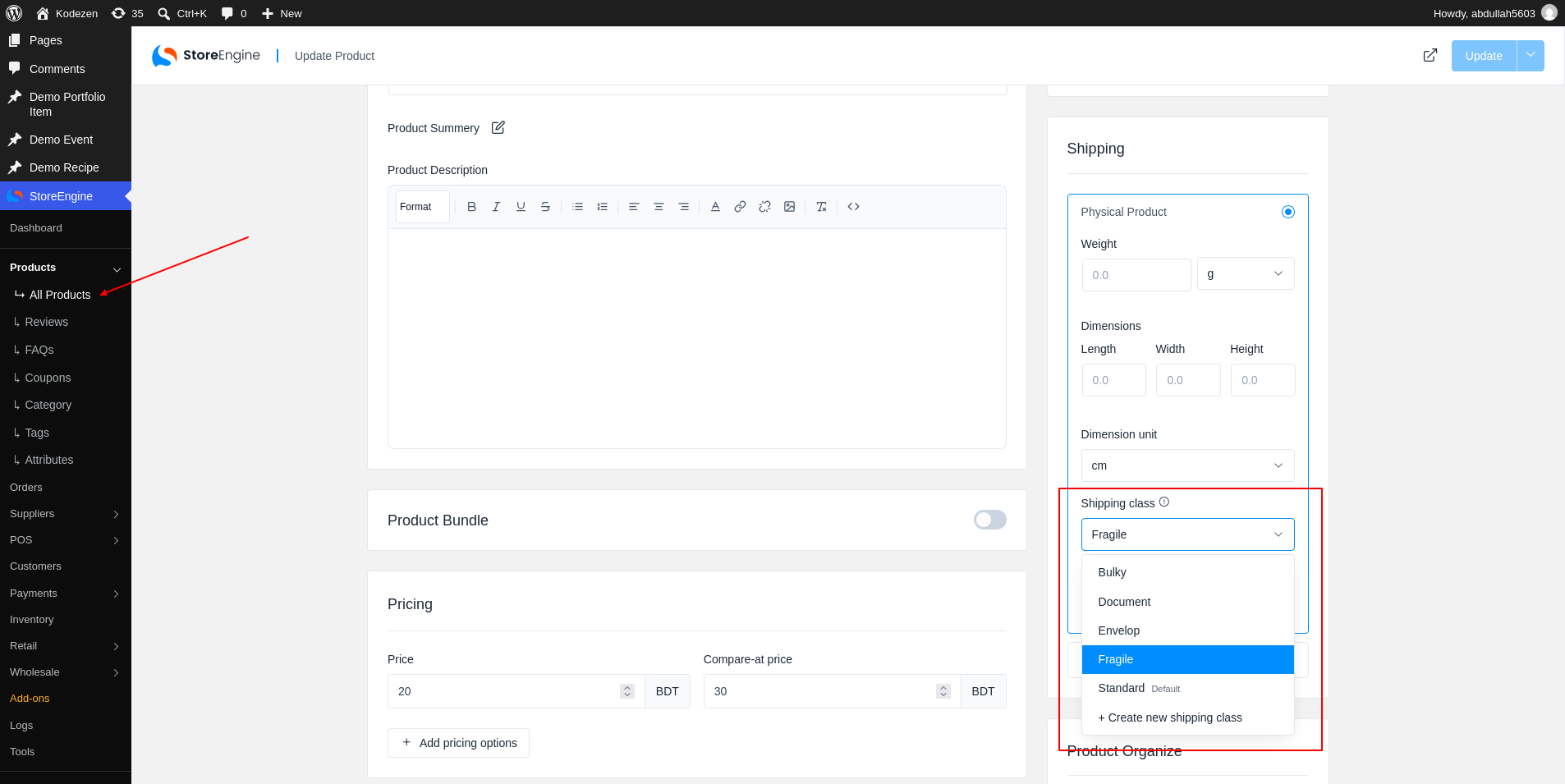 Shipping class selection on product editor